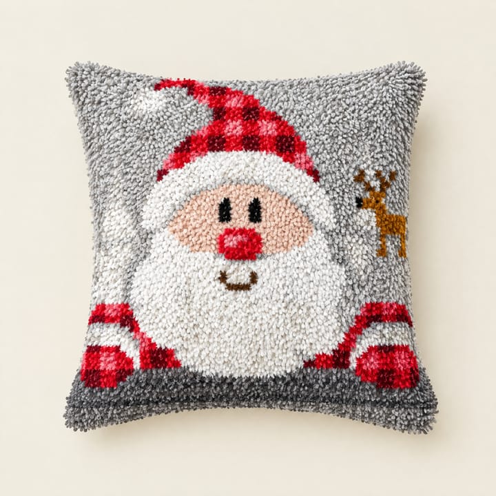 Plaid hat Santa Christmas latch hook pillow, 17 x 17 in