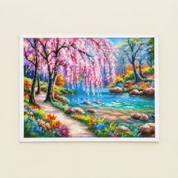 Cottage and Stream Diamond Art Kit, Pink blossom tree by a river