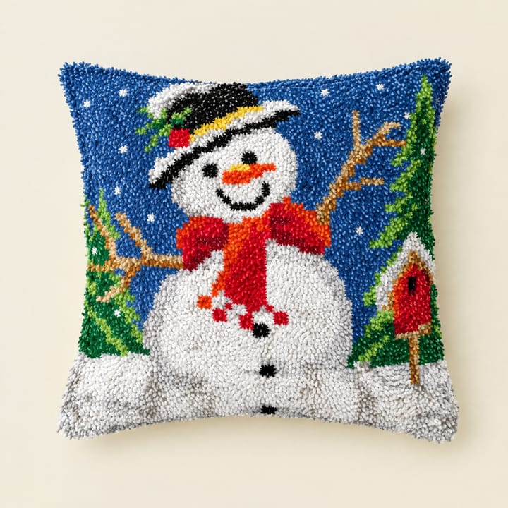Snowman and birdhouse Christmas latch hook pillow, 17 x 17 in