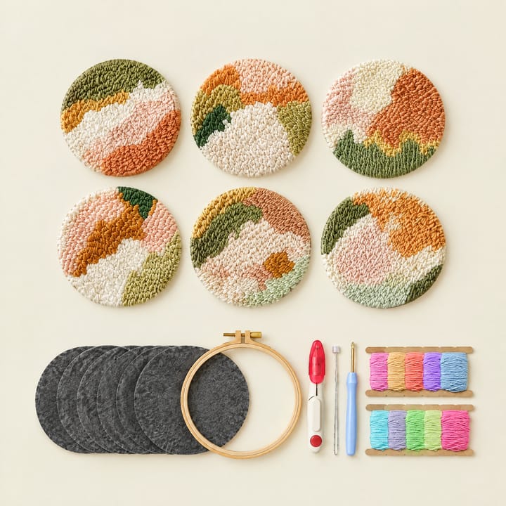Sage abstract punch needle coasters with the kit