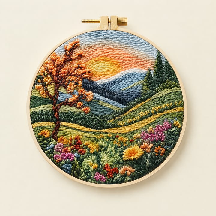 Sunset tree landscape embroidery in a 6 in hoop