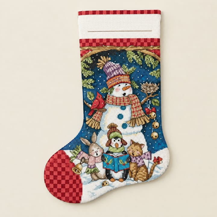 Christmas Stocking Cross Stitch Kit, Snowman with rabbit and cat