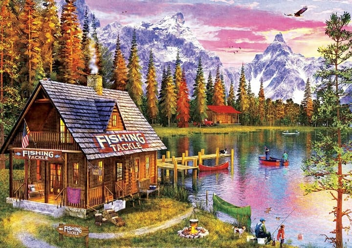 Cottage and Stream Diamond Art Kit, Fishing cabin on a mountain lake