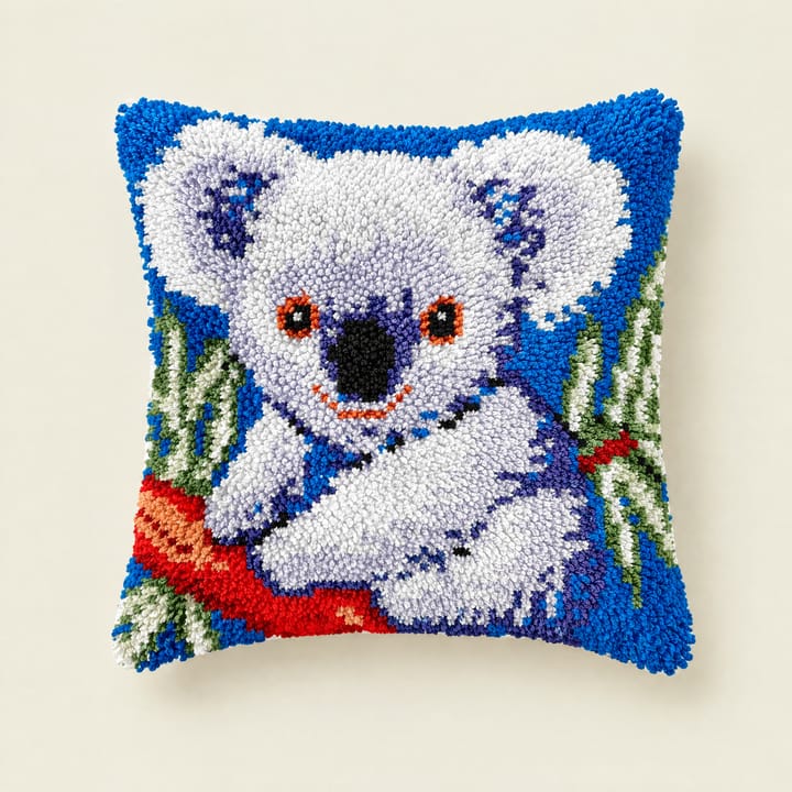 Koala on blue latch hook pillow, 17 x 17 in