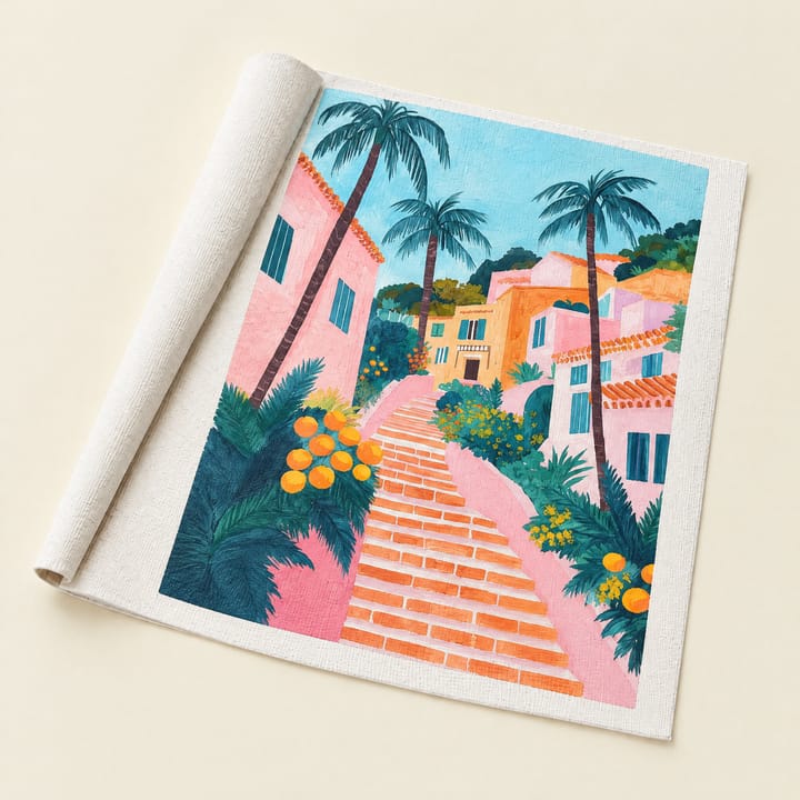 Pink stairs design: pink steps between palms and pastel houses