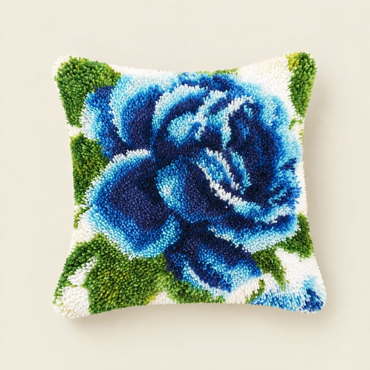 Blue rose latch hook pillow, 17 x 17 in