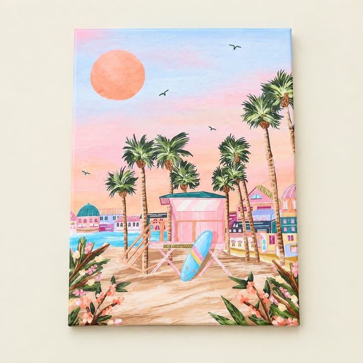 Palm beach design: a pink lifeguard hut and palms