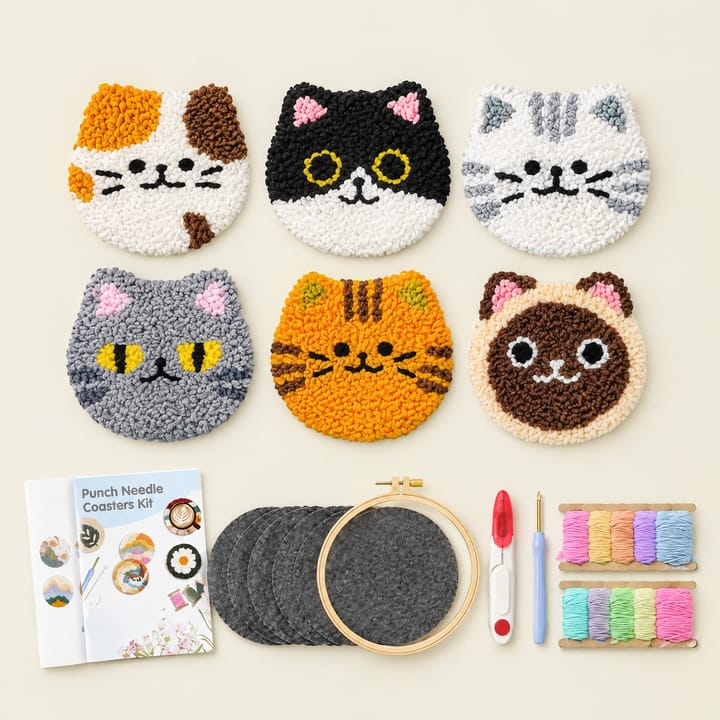 Calico and Siamese punch needle coasters with the kit