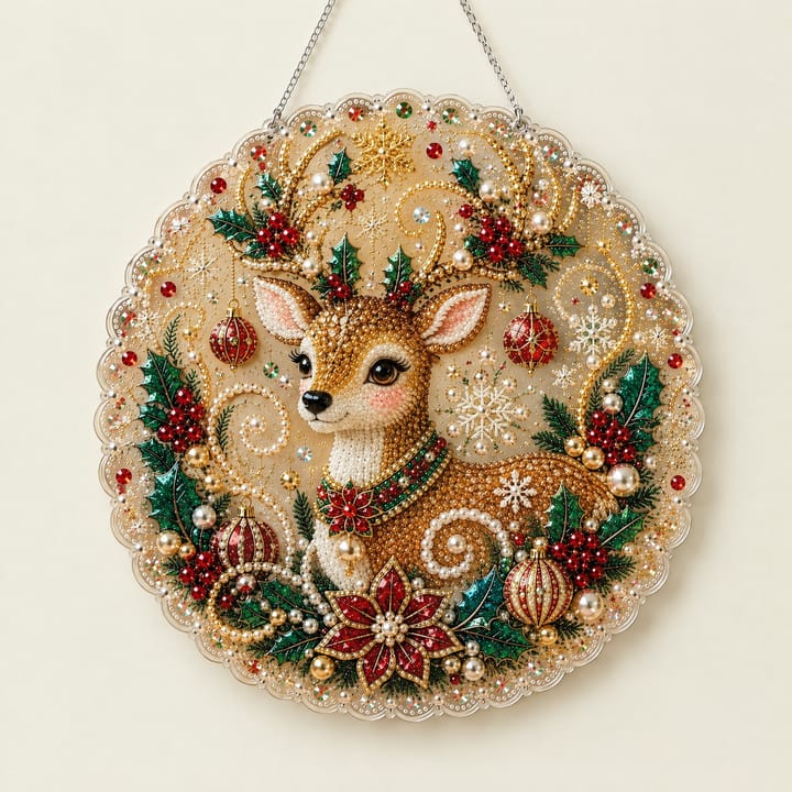 Christmas Pearl Diamond Art Ornament Kit, Reindeer with holly