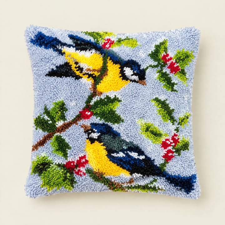 Blue tits latch hook pillow, 17 x 17 in