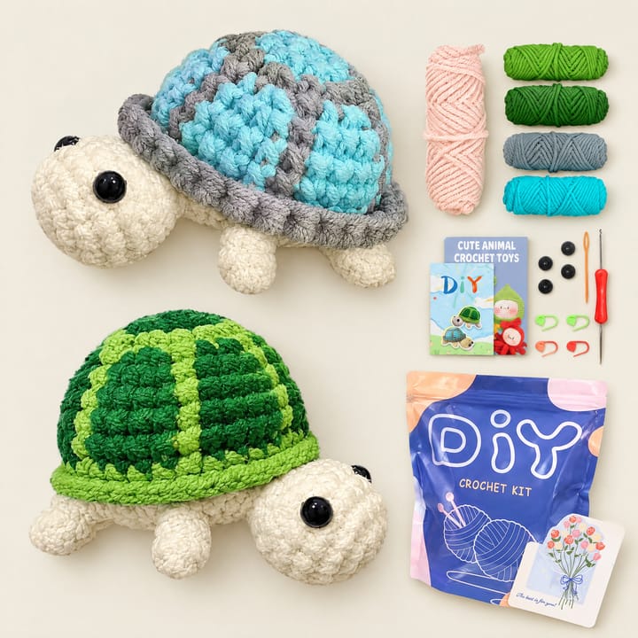 Green and blue crocheted turtles with the kit