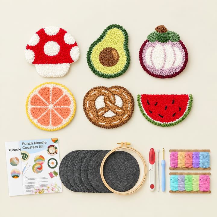 Fruit and snacks punch needle coasters with the kit