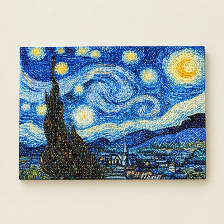 Starry Night diamond art design: a swirling night sky over a village and a dark cypress