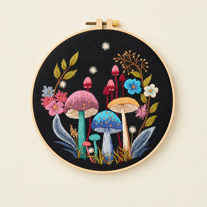 Pastel mushrooms mushroom embroidery on black fabric, 8 in hoop
