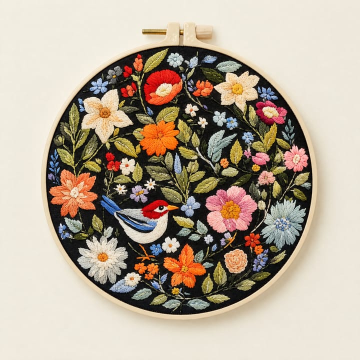 Red cap in bloom embroidery, birds and flowers on dark fabric