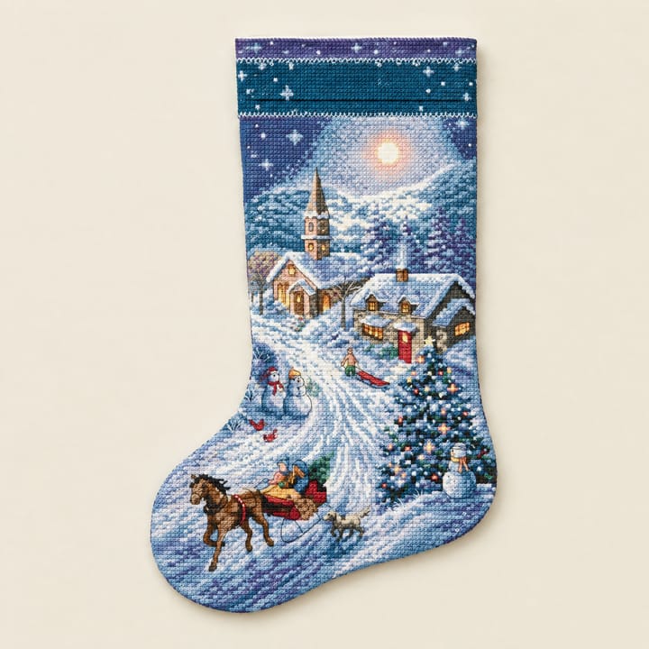 Christmas Stocking Cross Stitch Kit, Snowy village with horse sleigh