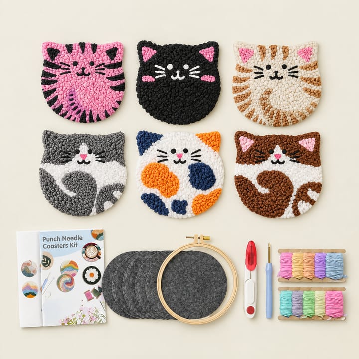 Tabby and calico punch needle coasters with the kit
