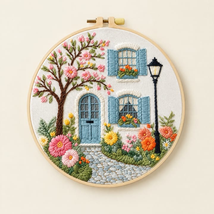 Blue door cottage embroidery hoop leaning on a stack of books