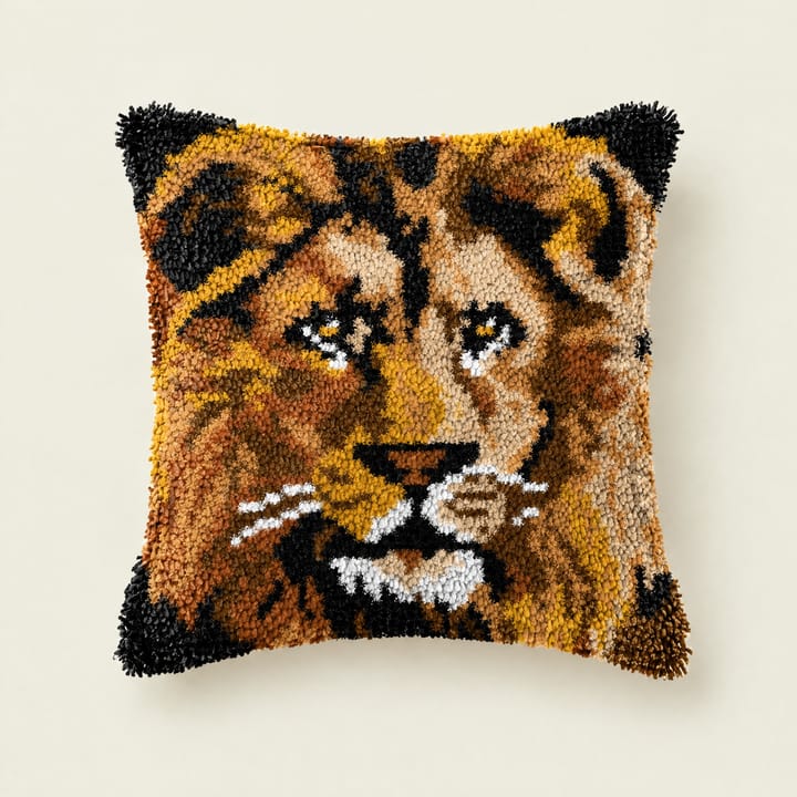Lion latch hook pillow, 17 x 17 in