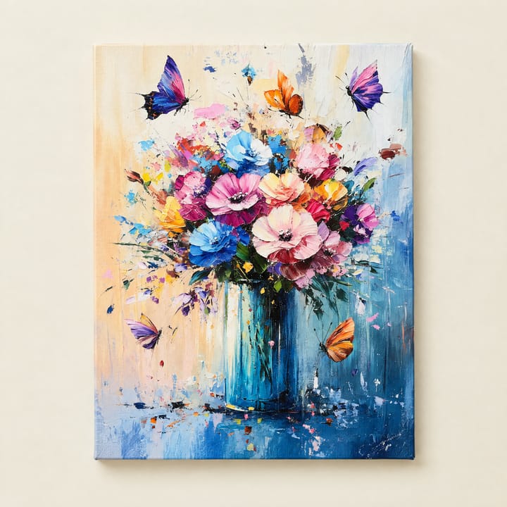 Blue vase design: a bright bouquet in a tall blue vase with butterflies