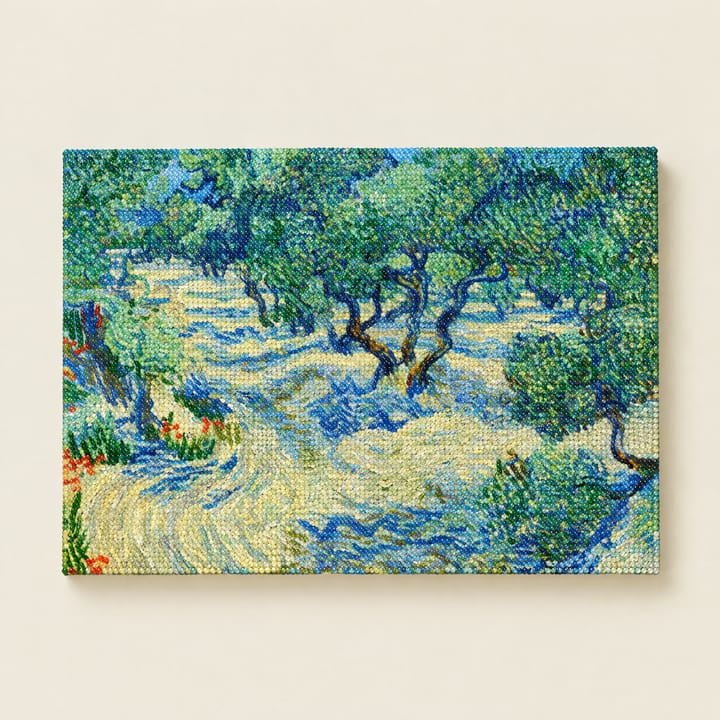 Olive grove design: silver-green olive trees over pale swirling ground