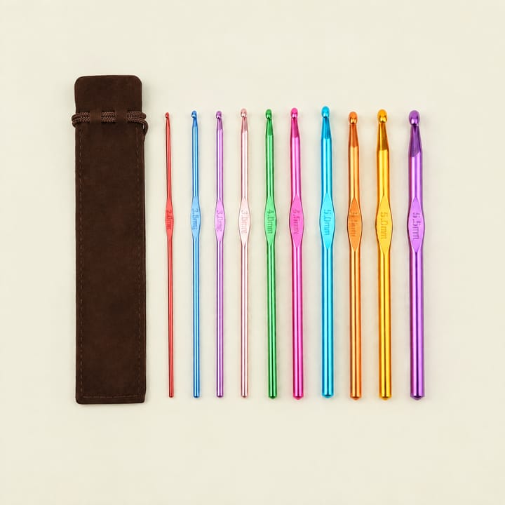 Colorful Aluminum Crochet Hook Set, Multicolor with brown pouch