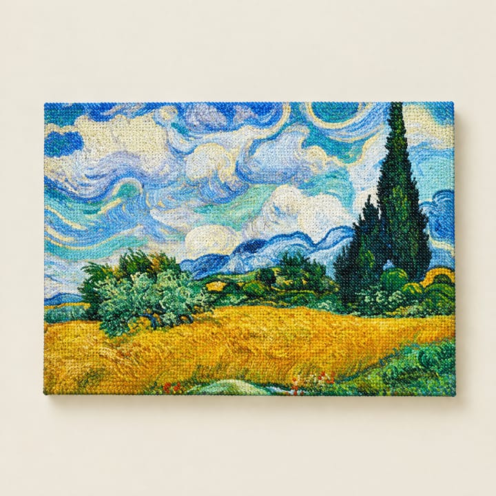 Wheat and cypress design: golden wheat below a tall dark cypress