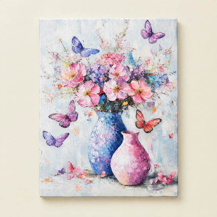 Two vases design: pink and lilac blossom in two vases with butterflies