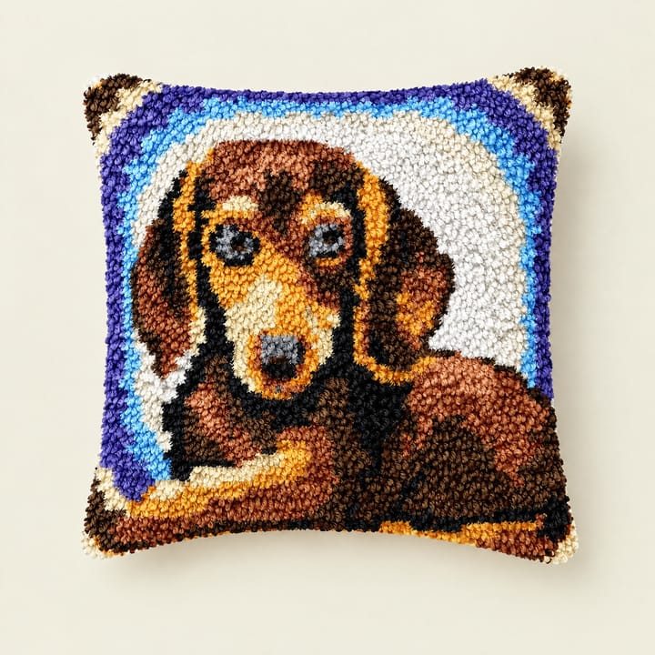 Dachshund latch hook pillow, 17 x 17 in