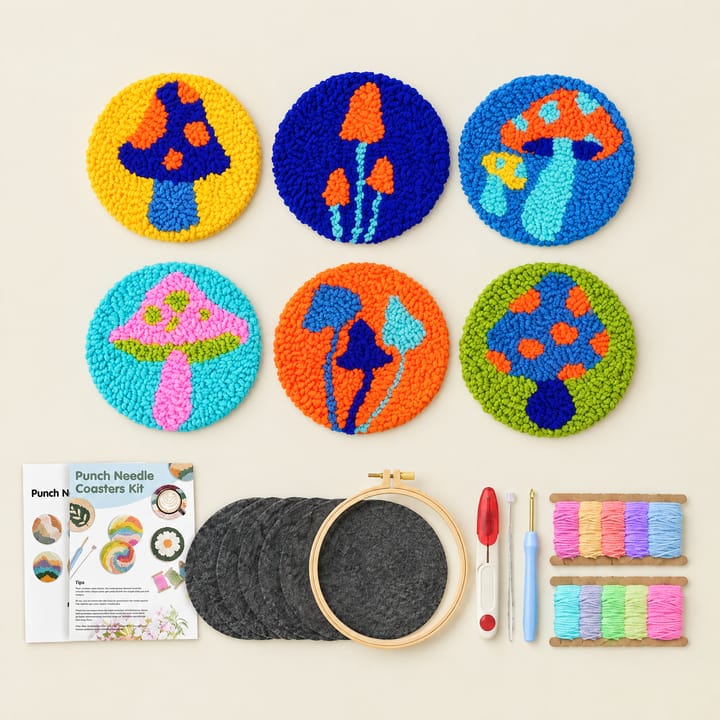 Mushroom pop punch needle coasters with the kit