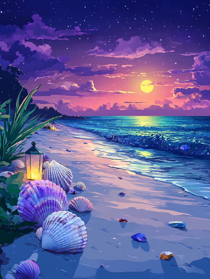 Moon beach design: seashells and a lantern on a violet beach at night
