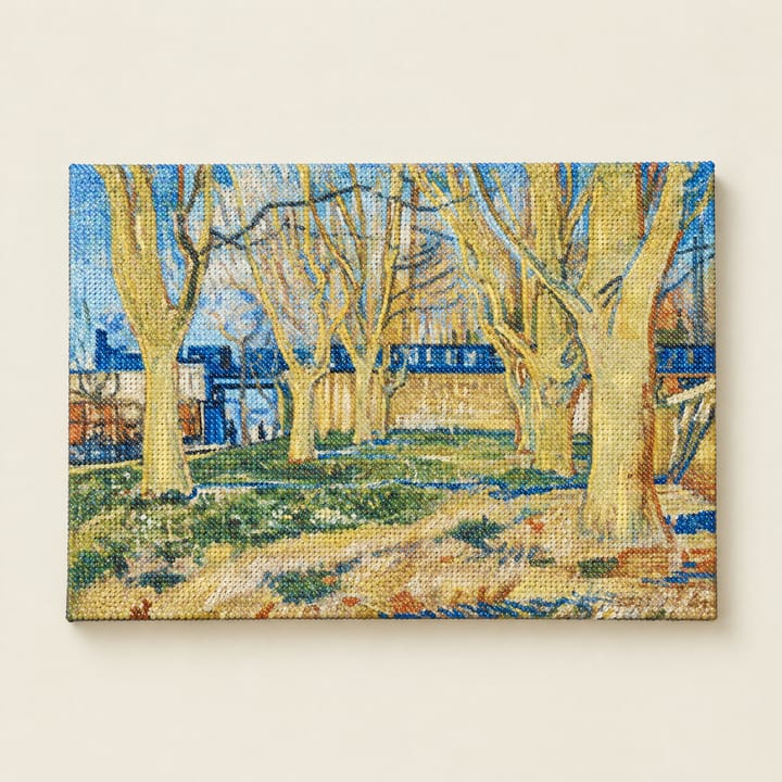 Plane trees design: tall pale plane trees lining a town road