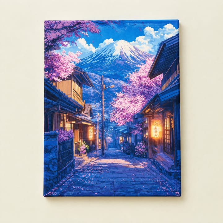 Lantern alley design: an evening alley with glowing lanterns and pink blossom