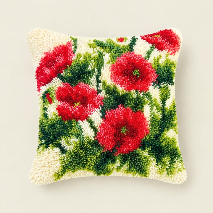 Poppy field latch hook pillow, 17 x 17 in