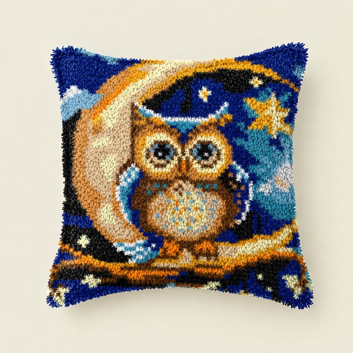 Owl on the moon latch hook pillow, 17 x 17 in