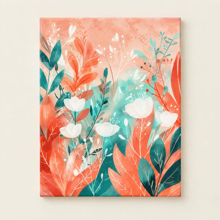 Coral garden design: coral and teal leaves with white flowers