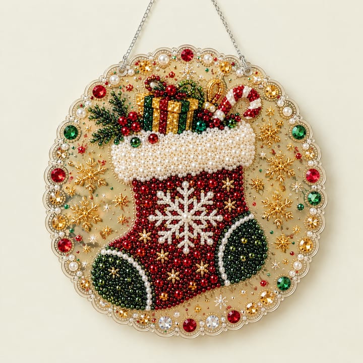 Christmas Pearl Diamond Art Ornament Kit, Stocking with snowflake