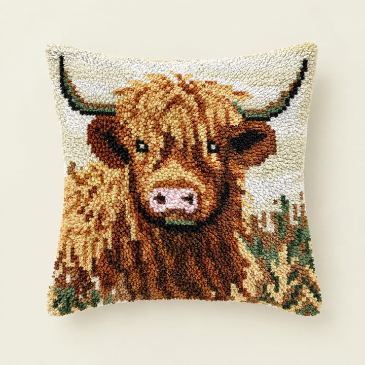 Highland cow latch hook pillow, 17 x 17 in