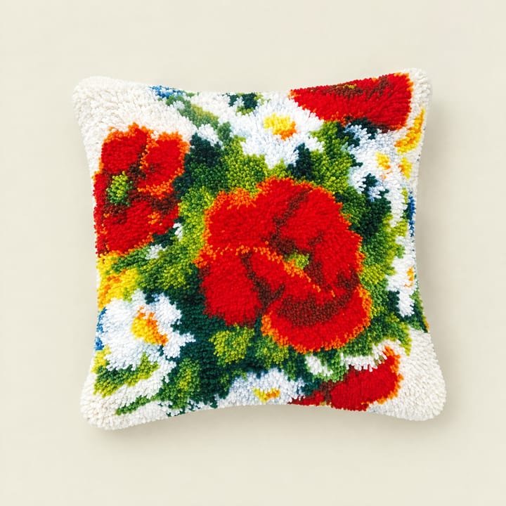Poppies and daisies latch hook pillow, 17 x 17 in