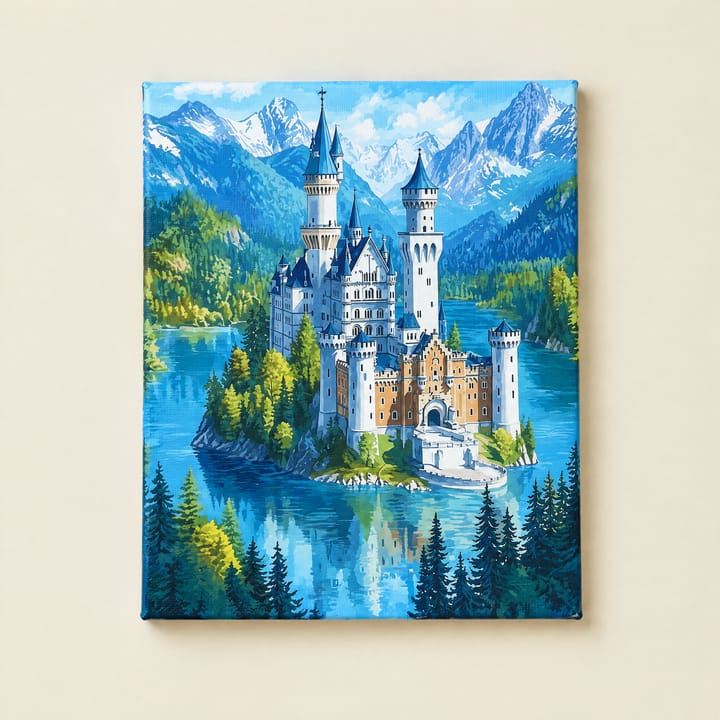 Lake castle painting shown framed on a white wall