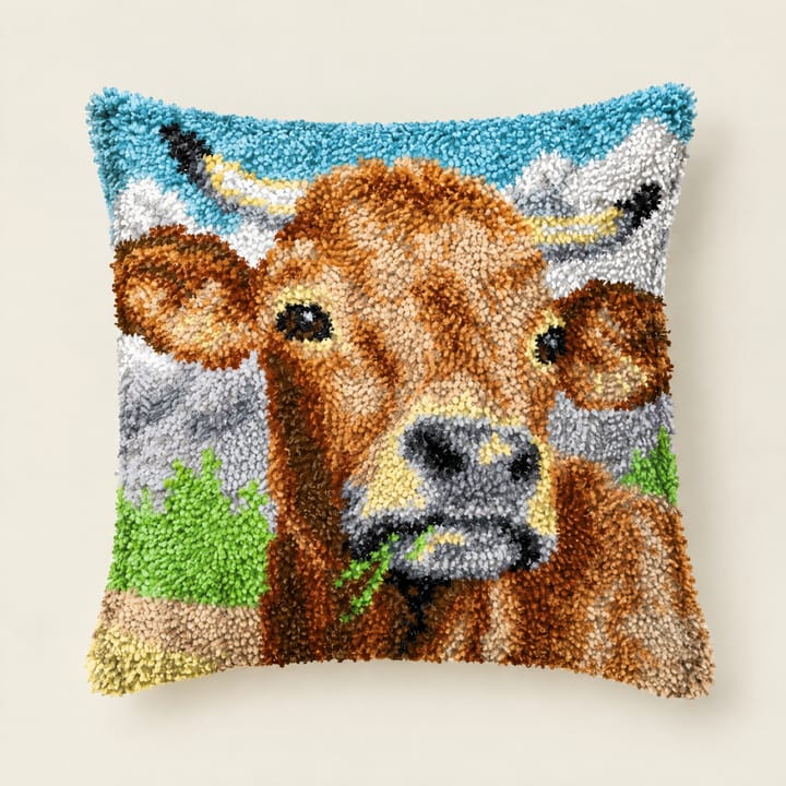 Cow in the meadow latch hook pillow, 17 x 17 in