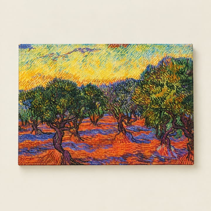 Olive sunset design: dark olive trees on orange earth under a yellow sky