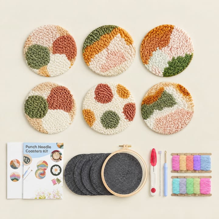 Earthy spots punch needle coasters with the kit