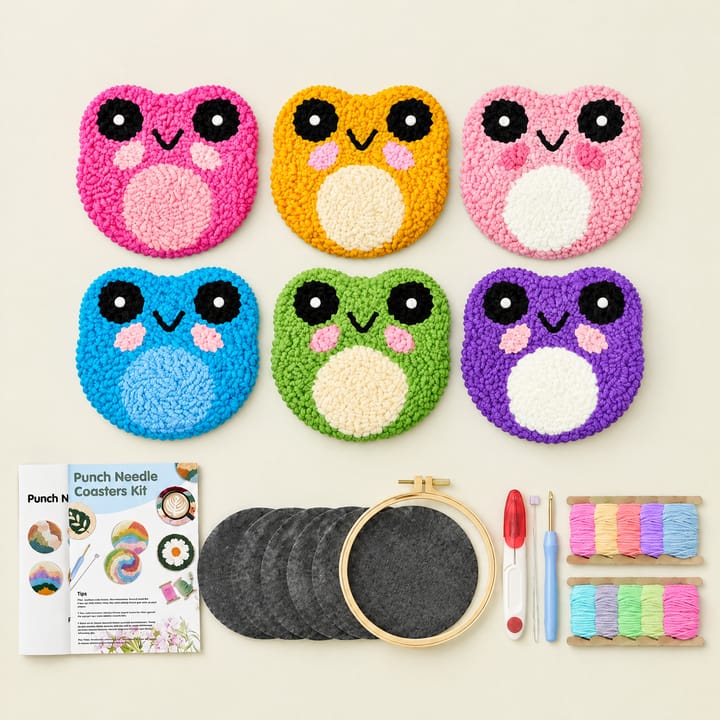 Pastel frogs punch needle coasters with the kit