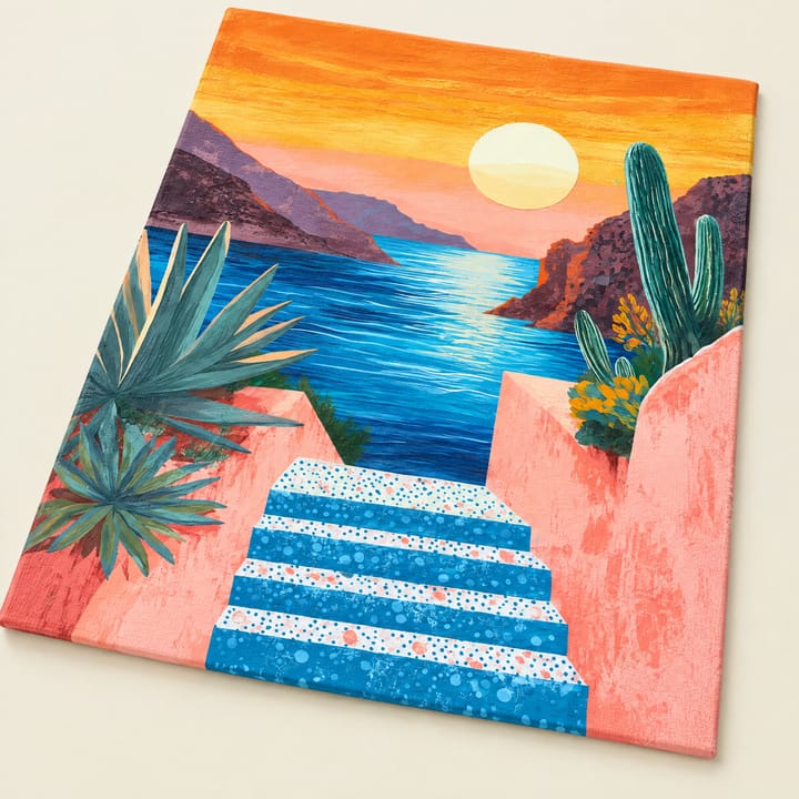 Sunset steps design: blue and white steps down to the sea