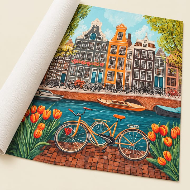 Amsterdam bikes design: canal houses with a bicycle and tulips