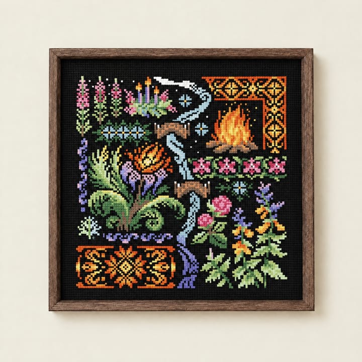 Greenhouse cross stitch design on black Aida with pink spires, a fern, a campfire and a bridge