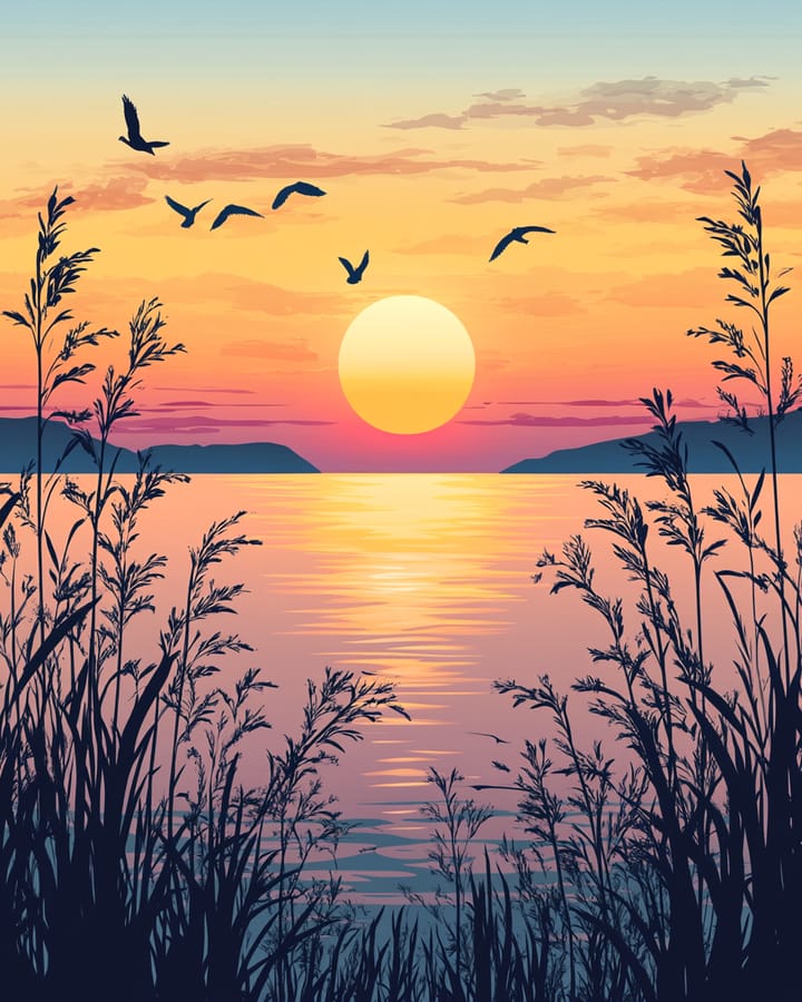 Sunset lake design: the sun setting over a lake with reeds and birds