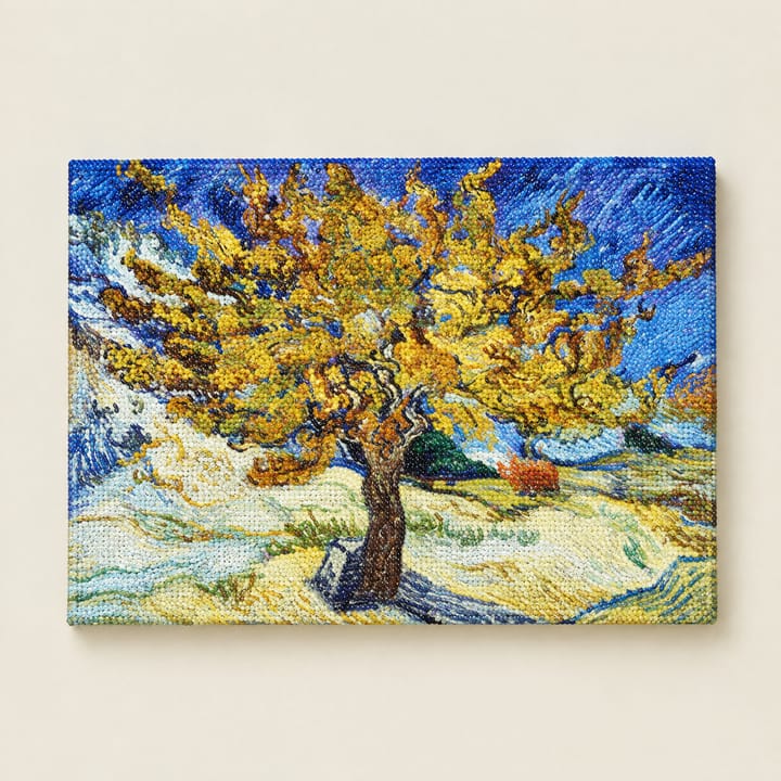 Mulberry tree design: a blazing golden mulberry tree on a hillside