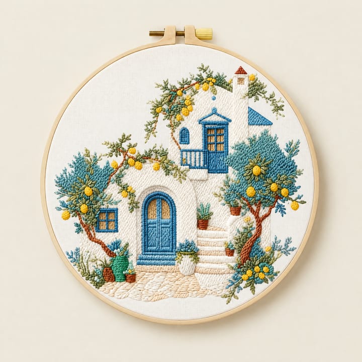 Lemon tree house embroidery: white house, blue door and lemon trees